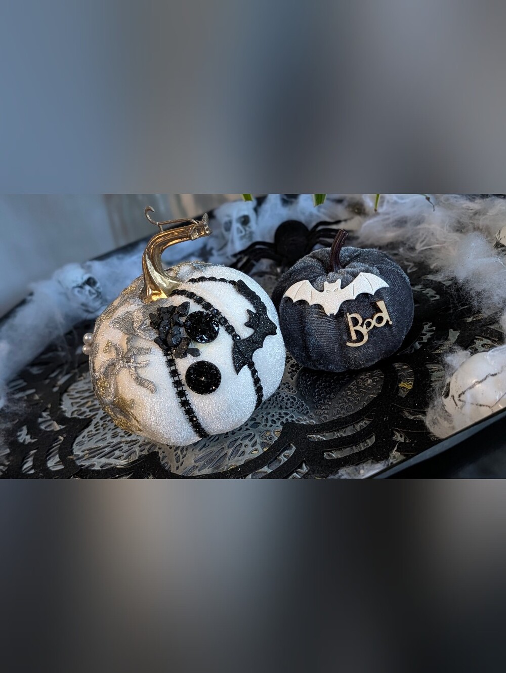 2pc Gothic Halloween Pumpkin Set w/Shungite Crystals & Lace Accents
